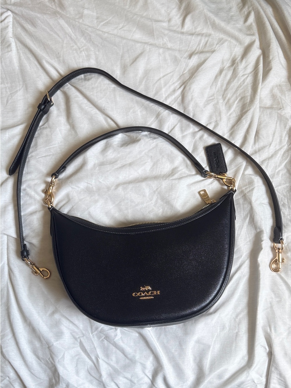 Coach Aria Black Pebbled Leather Crescent Shoulder Bag with Gold Hardware